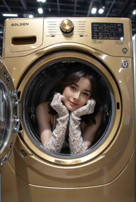 Wanita cantik di mesin cuci drum