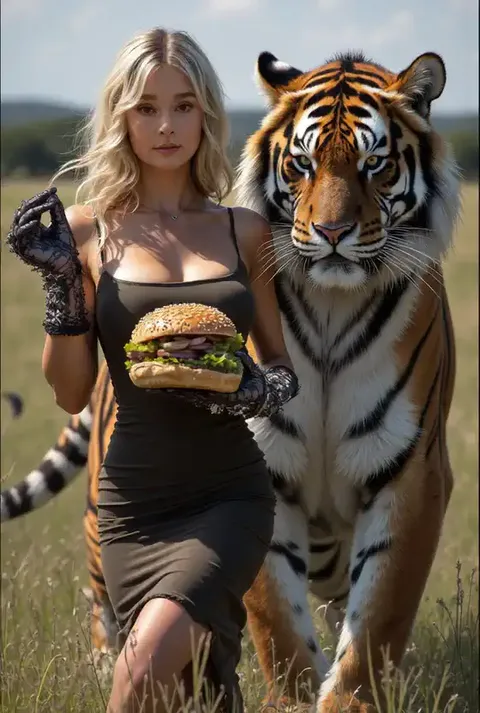 La bella mujer alimenta a la bestia feroz con una hamburguesa