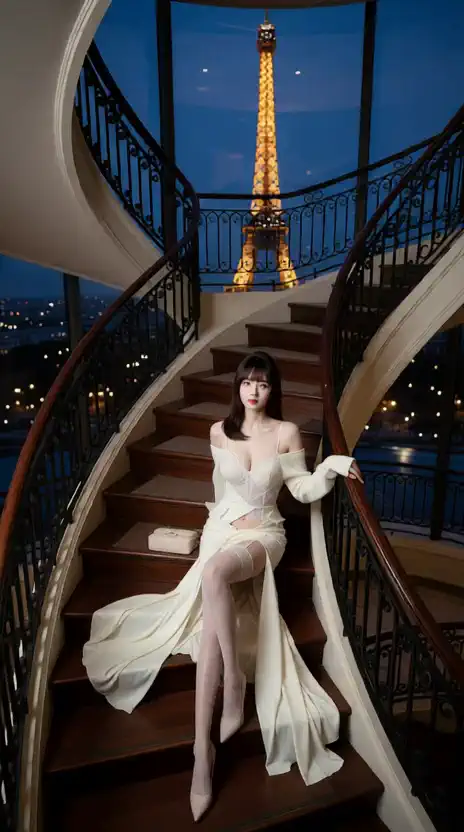 Beautiful woman's temptation on the spiral staircase