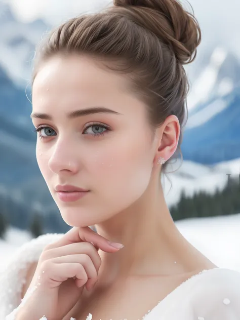 best ratio four finger and one thumb, attractive stunning ukrainian woman, (messy bun),  skin pores, behind glacial mountains, s...