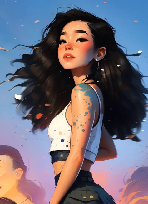 samdoesarts style award winning half body portrait of a beautiful woman in a croptop and cargo pants with ombre navy blue teal hairstyle with head in motion and hair flying, paint splashes, splatter, outrun, vaporware, shaded flat illustration, digital art...