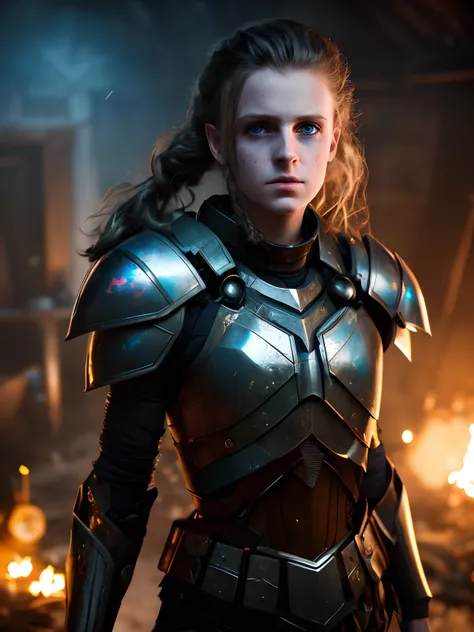 dark and gloomy full body 8k unity render, female teen cyborg, Blue yonder hair, wearing broken battle armor, at cluttered and messy shack , action shot, tattered torn shirt, porcelain cracked skin, skin pores, detailed intricate iris, very dark lighting, ...