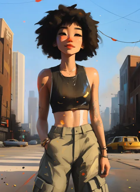 samdoesarts; award winning half body portrait of a beautiful woman in a croptop and cargo pants, military boots, standing on the street faint smile, paint splashes, hair in a bun, splatter, outrun, vaporware, digital art, trending on artstation, highly d...