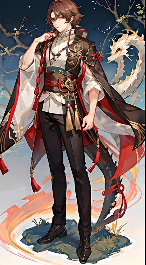 zhong li (genshin impact),mature male, full body,(detailed face:1.2), pure background,masterpiece, fashion,chinese, long hair, brown hair, golden eyes，Horn of Chinese dragon on the head,<lora:zhong li:0.7>