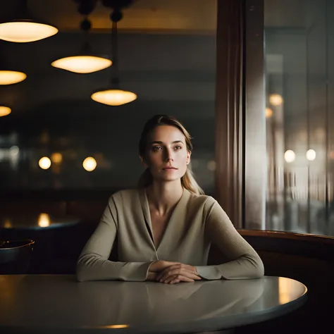 a woman sitting at a table in a restaurant, a character portrait by William Berra, featured on cg society, precisionism, photo taken with nikon d750, anamorphic lens flare, shallow depth of field