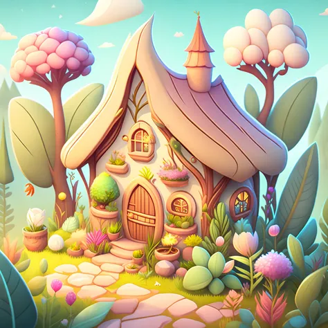 cartoon-style house, flowers and plants, magical elements, mobile game， forest and plants, a touch of magical elements, outlines...