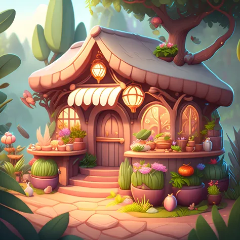 Cartoon-style restaurant, flowers and plants, magical elements, mobile game, forest and plants, a touch of magical elements, as well as animal outlines