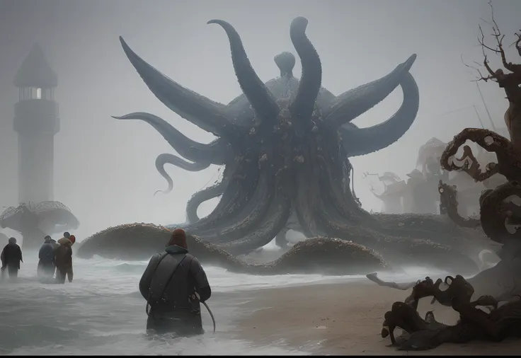 Five investigators face a huge octopus emerging from the sea, fog,detailed,HD,4K
