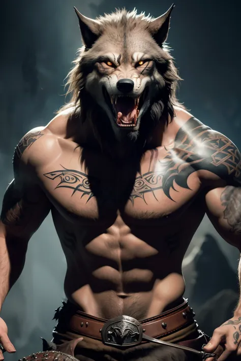 movie poster, viking style werewolf, mouth showing fangs, hands are wolf claws, viking-style tattoos on the body, leather equipm...