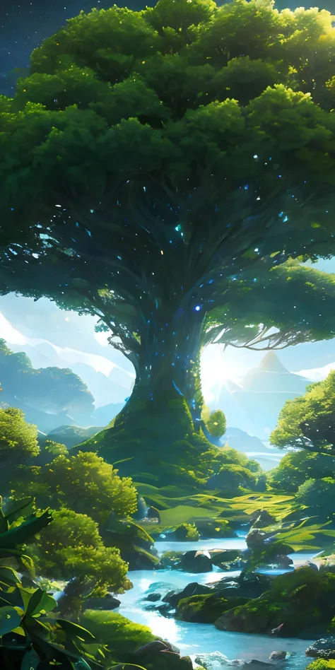 illustration of a hyperrealistic , otherworldly, ultrasky scene featuring a giant crystal tree full body,very detailed and magic...