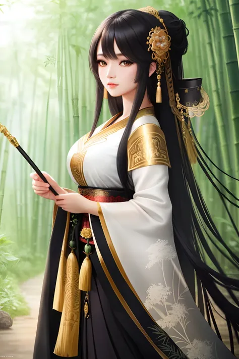 a beautiful  woman wearing traditional  wears , long hair, black hair, black eyes, bamboo forest (fantasy), (portrait), (raw pho...