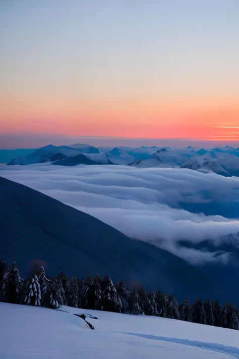 coucher de soleil, neige, montagnes, mer de nuages