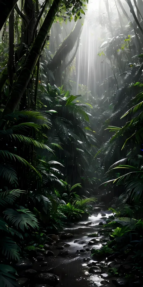 a jungle, with intense rainfall, monochromatic, vines all around, giant and wet trees, masterpiece, best quality, high quality, ...