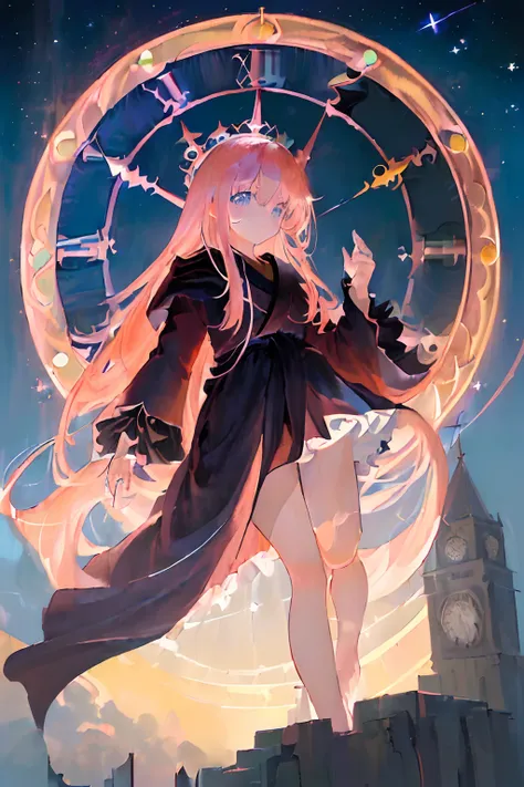 (masterpiece,best quality,ultra-detailed:1.6),illustration,
masterpiece, 1girl, (loli:1.2), magic, long hair, pink hair, side swept bangs, blue eyes, bright pupils, clock tower, starry sky, full moon, beautiful detailed sky, short and small, plump thighs, ...