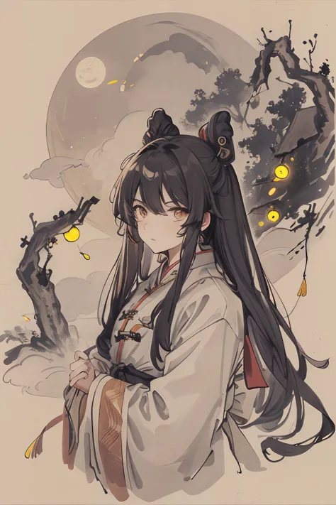 masterpiece, best quality, night, hill, clouds, full moon, long hair, man, ancient chinese, silhouette, fireflies.