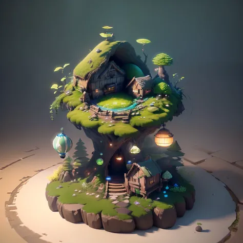 masterpiece, best quality, (extremely detailed CG unity 8k wallpaper), (best quality), (best illustration), (best shadow), A round turnip hut covered with moss， isometric 3D, octane render,ray tracing,ultra detailed