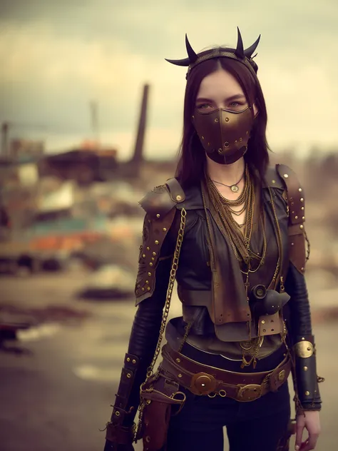 cute skinny girl, mask, fan, post-apocalypse warrior, leather, leather strap, rivets, chain, rope, bronze, bellows, against the ...