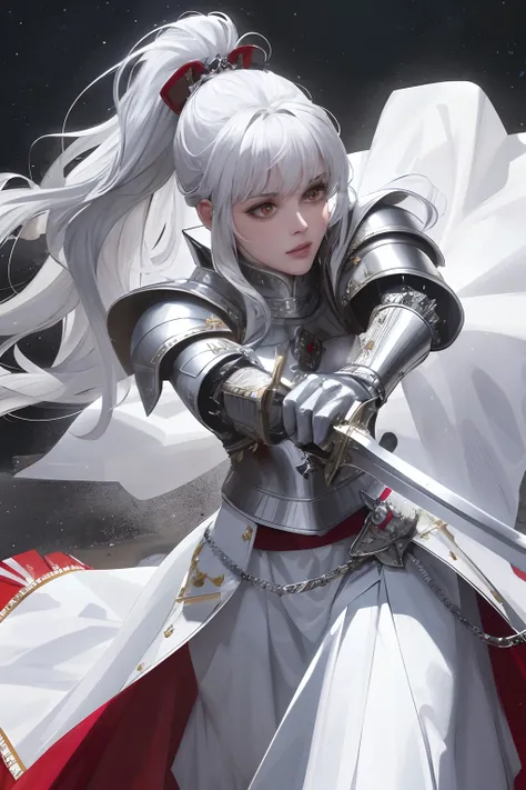 8k, best quality, masterpiece, highly detailed, semi realistic, 1 girl, mature female, 20 years old, silver white long hair, high ponytail, bangs, red pupils, silver white armor, white fluffy skirt, silver iron boots, red white fluffy brimmed cloak, wieldi...