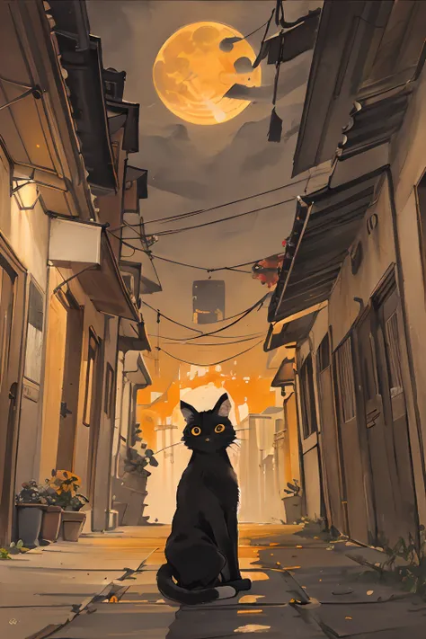 cat,orange,cute,big eyes,masterpiece,full moon,alley