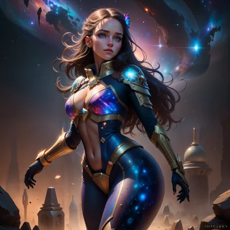 Highly detailed RAW color Photo, beautiful young girl, dynamic pose, (wide hips), (detailed skin), (detailed lips), (detailed eyes), (cosmic:1.4), (necropolis:1.1), (Sci-Fi setting) (detailed face), (curvy), detailed eyes, chromatic aberration, depth of field, soft lighting, masterpiece, best quality, intricate, (lens flare:0.7), (bloom:0.7), particle effects, raytracing, tone mapped, highly detailed, concept art, smooth, sharp focus, dramatic lighting, highly detailed artwork, cinematic, hyper realistic painting, trending on Artstation, 8K, incredible shadows, realistic, (highly detailed background:1.2), art by midjourney