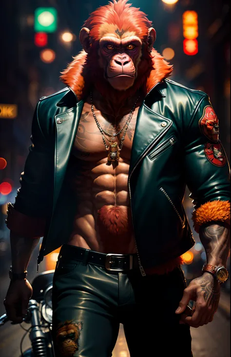 masterpiece, (ultradetailed), (animal anthropomorphism), gangster theme, monkey, jacket,red hair. riding a motorcycle in dim lig...