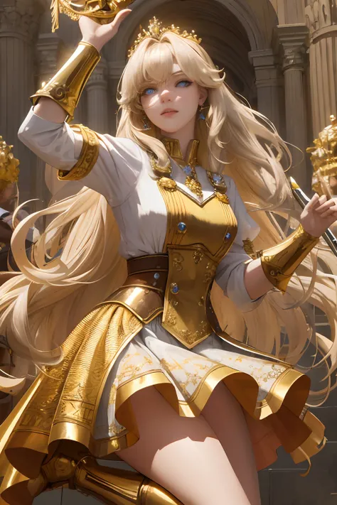 8k, best quality, masterpiece, highly detailed, semi realistic, 1 girl, young female, 19 years old, golden long hair, right eye covered by Bangs, blue right eye, jewelry crown, palace style white and gold short skirts, golden iron boots, slim figure, holdi...