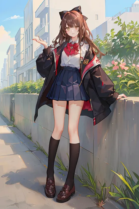 4K, best quality, 1 girl, 18 years old, chestnut hair, waist length hair, 3/4 bangs, long sideburns, red bow tie, brown school uniform coat, pig liver checkered pleated skirt, girl, black calf socks, leather shoes, street, outdoor, sun, blue sky