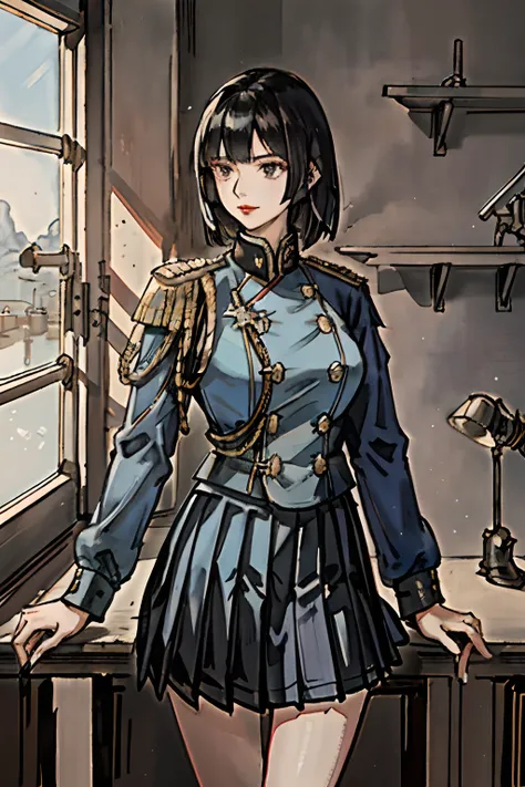 (highest resolution), best quality, masterpiece, highly detailed, semi realistic, 22 years old, a woman with black shoulder length hair, black eyes, mature, mature woman, royal sister, sexy, short hair, red lips, triple bangs, light blue uniform, light blu...