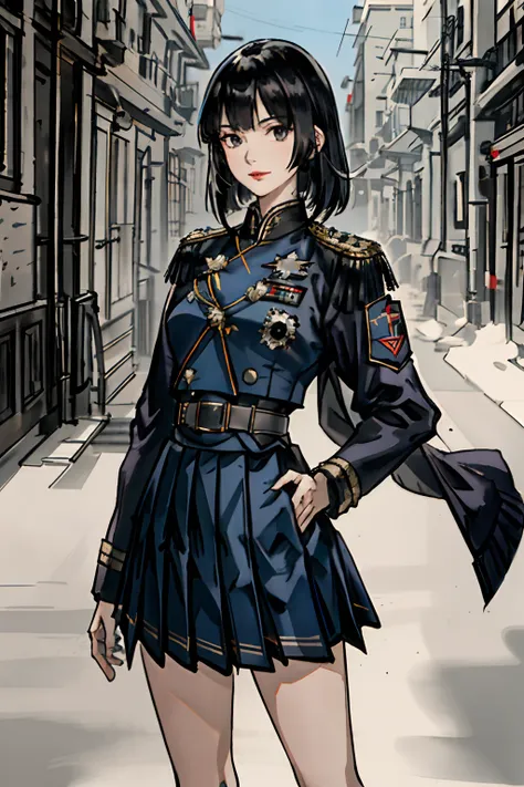 (highest resolution), best quality, masterpiece, highly detailed, semi realistic, 22 years old, a woman with black shoulder length hair, black eyes, mature, mature woman, royal sister, sexy, short hair, red lips, triple bangs, light blue uniform, light blu...