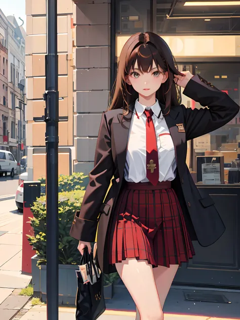 4k, best quality, 1 girl, 18 years old, brown hair, waist length hair, 3/4 bangs, red tie, brown coat, liver checkered pleated s...