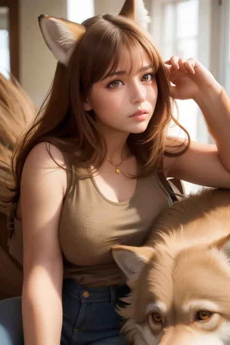 best quality, masterpiece,  (realistic:1.2), 1 girl, brown hair, gold eye,front, detailed face, beautiful eyes,wolf eye,(wolf ea...