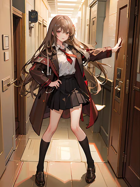 masterpiece, best quality,((masterpiece)),(best quality), (illustration:1.4),((extremely detailed CG unity 4k wallpaper)),(cinematic lighting),1 girl, 18 years old, chestnut hair, waist length hair, 3/4 bangs, red tie, brown coat, liver checkered pleated s...