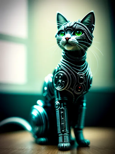 a cute kitten made out of metal, (cyborg:1.1), ([tail | detailed wire]:1.3), (intricate details), hdr, (intricate details, hyperdetailed:1.2), cinematic shot, vignette, centered