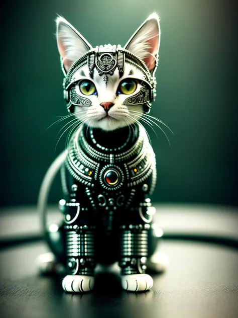 a cute kitten made out of metal, (cyborg:1.1), ([tail | detailed wire]:1.3), (intricate details), hdr, (intricate details, hyperdetailed:1.2), cinematic shot, vignette, centered
