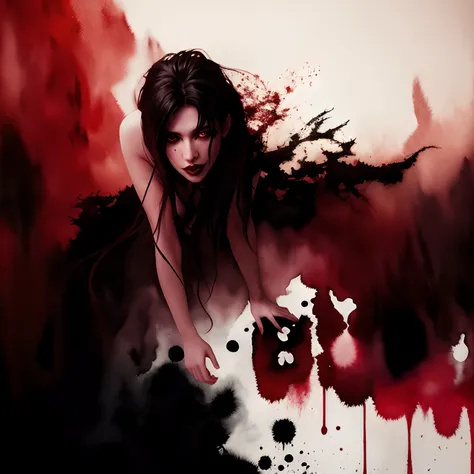 beautiful vampire, bared fangs, blood-covered river as background, watercolor style smear, art, dramatic lighting, david lynch's...