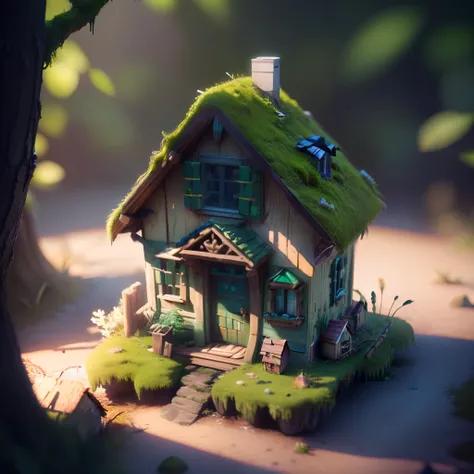 masterpiece, best quality, (extremely detailed CG unity 8k wallpaper), (best quality), (best illustration), (best shadow), A small house covered with moss， isometric 3D, octane render,ray tracing,ultra detailed