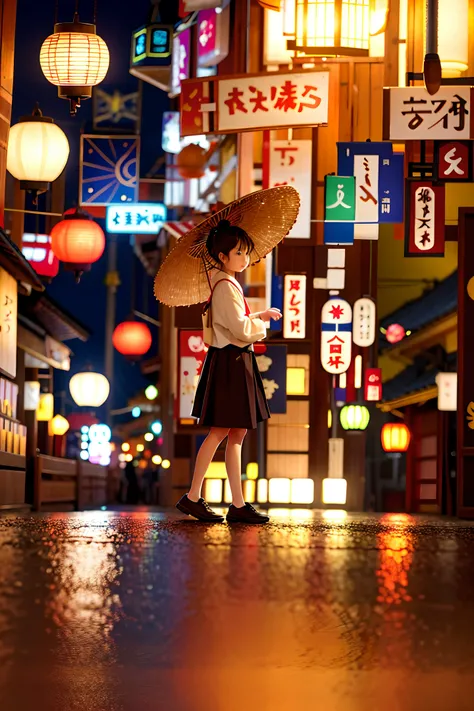 Medium shot,realistic,8K,On a quiet night, the streets of a Japanese city were deserted, with only occasional bursts of fireworks breaking the silence. The soft glow of traditional Japanese lanterns lined the road, swaying gently in the breeze. Suspended a...