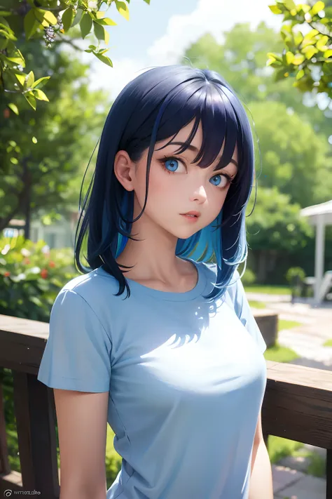 masterpiece, best, 1 female, upper body, blue hair, bright eyes, shirt,