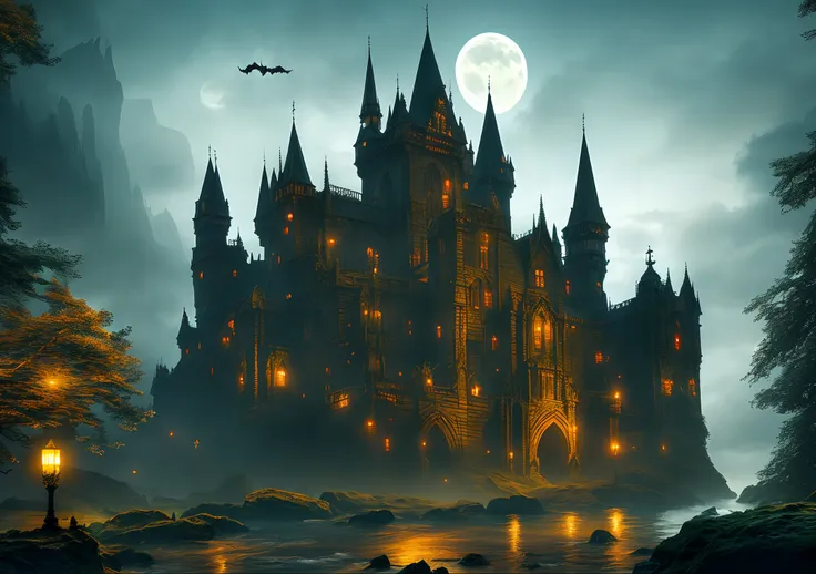 gothic castle, dark, night, moon, long view, unreal, 4k, digital painting, high definition，halloween，all saints day，high quality...