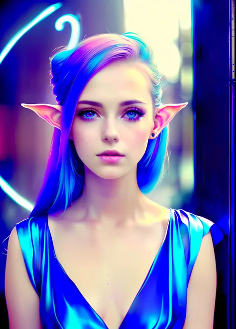 photo, style synthwave a elf woman by agnes cecile, luminous design, pastel colours, ink drips, autumn lights,blue eyes,normal ears