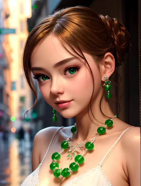 Random posture, (An extremely delicate and beautiful work), (masterpiece), 1girl, a girl in a white dress, highly detailed, waist leaking, ponytail contorted, charming expression, beautiful and clear eyes, green eye pupil, delicate necklace, delicate earrings, fairy ears, simple blurred background, extreme detail description, beautiful, charming, ultra-fine painting, delicate face, delicate figure, Fine collarbones, lovely lips, beautiful breasts, soft behind, mix4,(8k, RAW photo, best quality, masterpiece:1.2), (realistic, photo-realistic:1.37),1girl,cute,cityscape, night, rain, wet, professional lighting, photon mapping, radiosity, physically-based rendering,handsome
