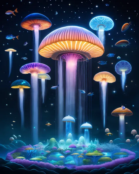 the mushroom world is my home. a realistic detail of a virtual glowing bioluminescent mushroom mega cities inside a floating jel...