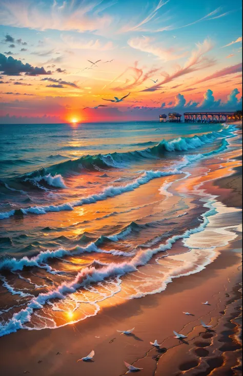 an absolutely mesmerizing sunset over the beach, with a blend of oranges, pinks, and yellows filling the sky. crystal-clear wate...