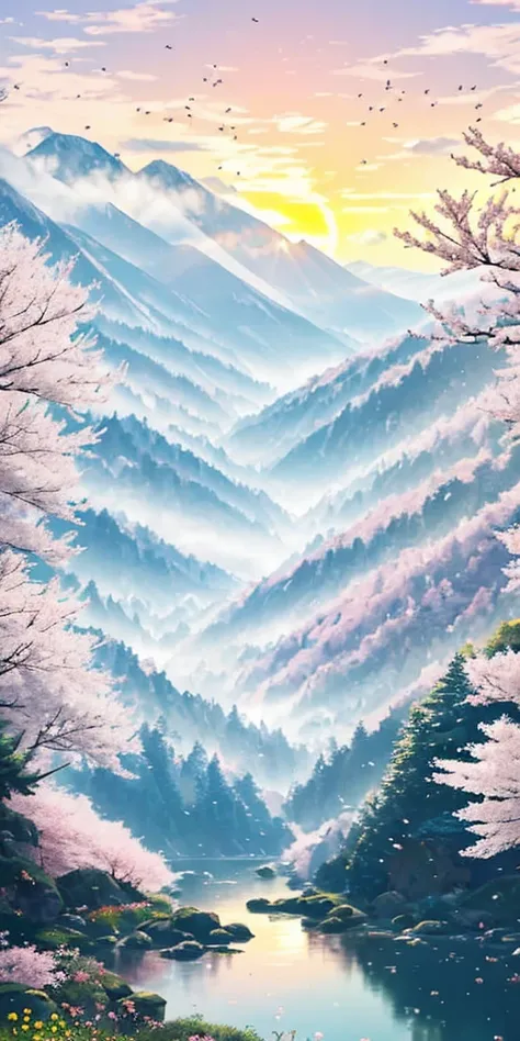 deep forest, distant mountains, flying birds.2D style, bright, vibrant，Cherry blossoms cover the mountainside, and in the distance a sunrise can be seen，A small stream winds its way, and on the bank there are several narcissus flowers