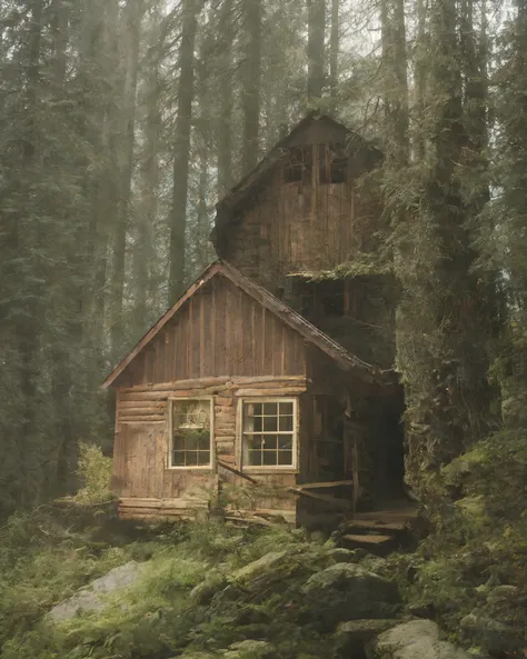 classicnegative photo, wooden building,rock, sunlight, fantasy, 1970s dark fantasy movie, haze, halation, bloom, dramatic atmosp...