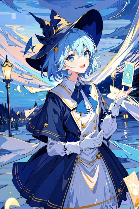 ((masterpiece:1.2, best quality)), 1boy, solo, (witch hat), light blue hair, short hair, dress, aurora, night, star (sky), glove...