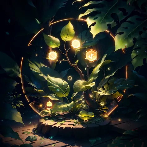 Masterpiece, best quality, (extremely fine CG unity 8k wallpaper), (best quality), (best illustration), (best shadow), the UI interface frame design adopts the natural elements of the jungle theme. The avatar frame is designed in a circle, surrounded by delicate leaves and branches, as well as fireflies and glowing particle effects, (UI interface frame design), (natural elements), (jungle theme), (circle), (leaves), (Branch), (Firefly), (Glow), (Particle Effect). , isometric 3d, octane rendering, ray tracing, ultra detailed