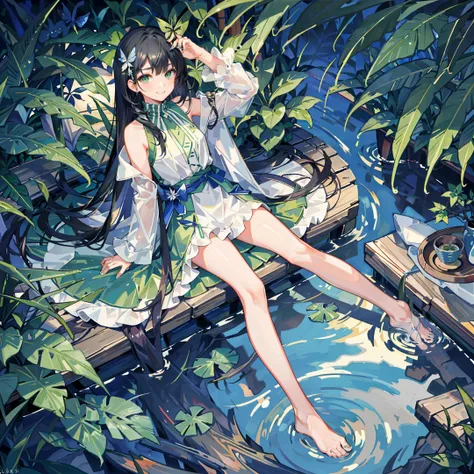 full_moon, leaf, moon, plant, potted_plant, bamboo, 1girl, palm_tree, butterfly, bug, water, tanabata, branch, barefoot, night, lily_pad, tanzaku, soaking_feet, vines, solo, outdoors, tree, sitting, black_hair, long_hair, wet, flower, smile, ivy, green_eye...