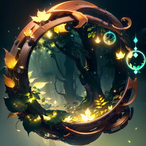 Masterpiece, best quality, (extremely fine CG unity 8k wallpaper), (best quality), (best illustration), (best shadow), the UI interface frame design adopts the natural elements of the jungle theme. The avatar frame is designed in a circle, surrounded by delicate leaves and branches, as well as fireflies and glowing particle effects, (UI interface frame design), (natural elements), (jungle theme), (circle), (leaves), (Branch), (Firefly), (Glow), (Particle Effect). , isometric 3d, octane rendering, ray tracing, ultra detailed
