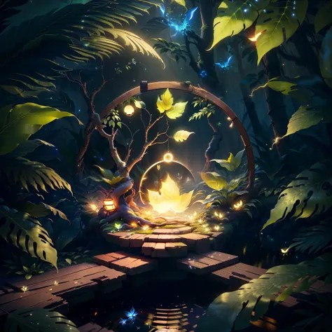 Masterpiece, best quality, (extremely fine CG unity 8k wallpaper), (best quality), (best illustration), (best shadow), the UI interface frame design adopts the natural elements of the jungle theme. The avatar frame is designed in a circle, surrounded by delicate leaves and branches, as well as fireflies and glowing particle effects, (UI interface frame design), (natural elements), (jungle theme), (circle), (leaves), (Branch), (Firefly), (Glow), (Particle Effect). , isometric 3d, octane rendering, ray tracing, ultra detailed